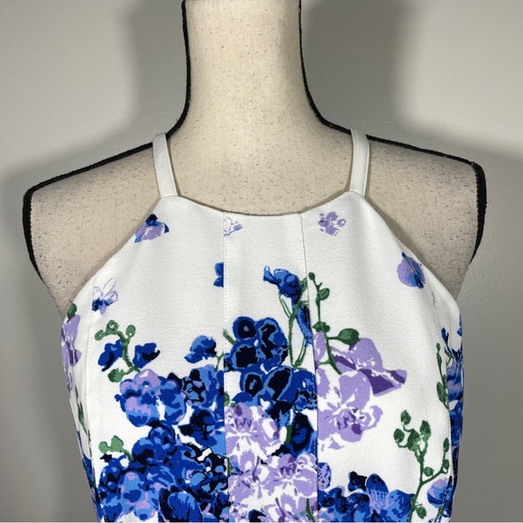 Adrianna Papell White Blue Floral Halter Neck Fit and Flare Sleeveless Dress 10 - Picture 2 of 11